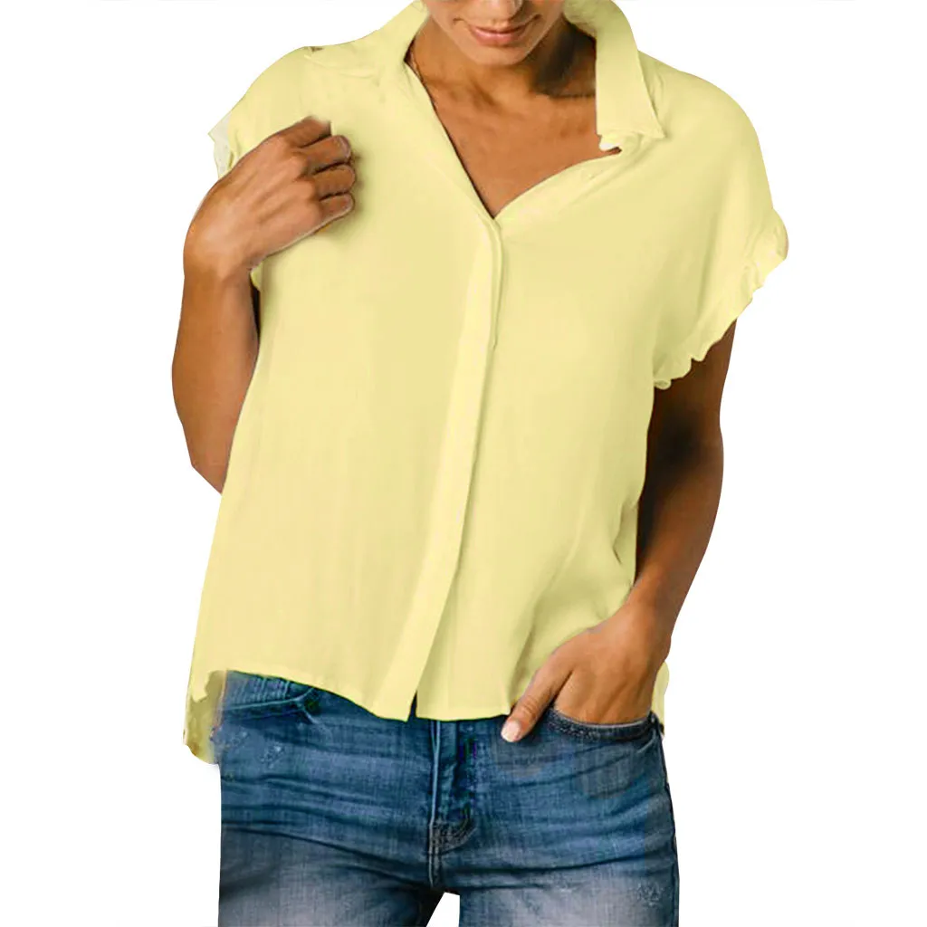 

Women Tops 2019 Summer Casual Button Turn-Down Collar Slim Fit Short Sleeve Top Shirt Travel Loose Top Female Yellow T-Shirt