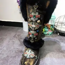 Оригинальная домашняя обувь в тайском стиле; стразы; ткань в стиле ретро; кожа; Шерсть; сапоги до колена; зимние сапоги; хлопковая обувь