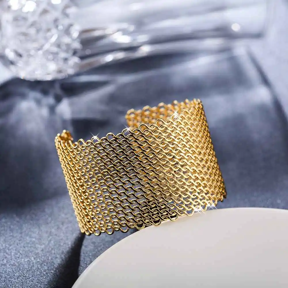 JEXXI 2018 новый поиск Блестящий серебряный/золотой цвет широкий полые трикотажные скрученный браслет Для женщин модные вечерние Открытый
