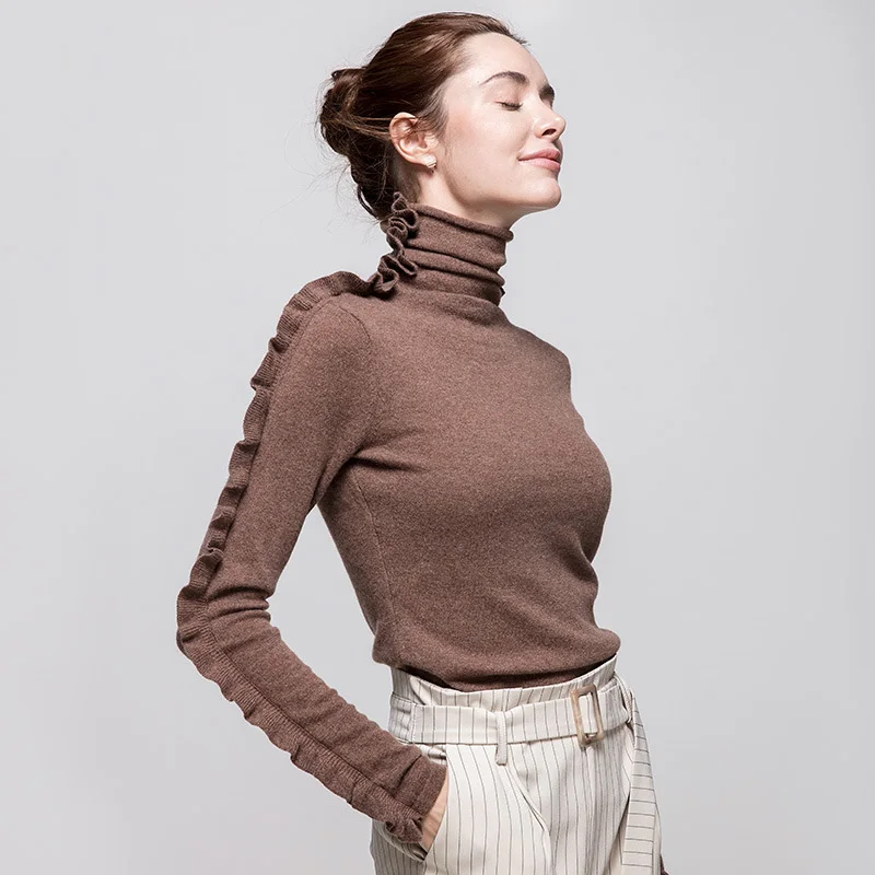 Женский шерстяной пуловер кашемировый свитер с воротником-стойкой для женщин с оборками рукавом осень зима свитера джемпер трикотаж черный