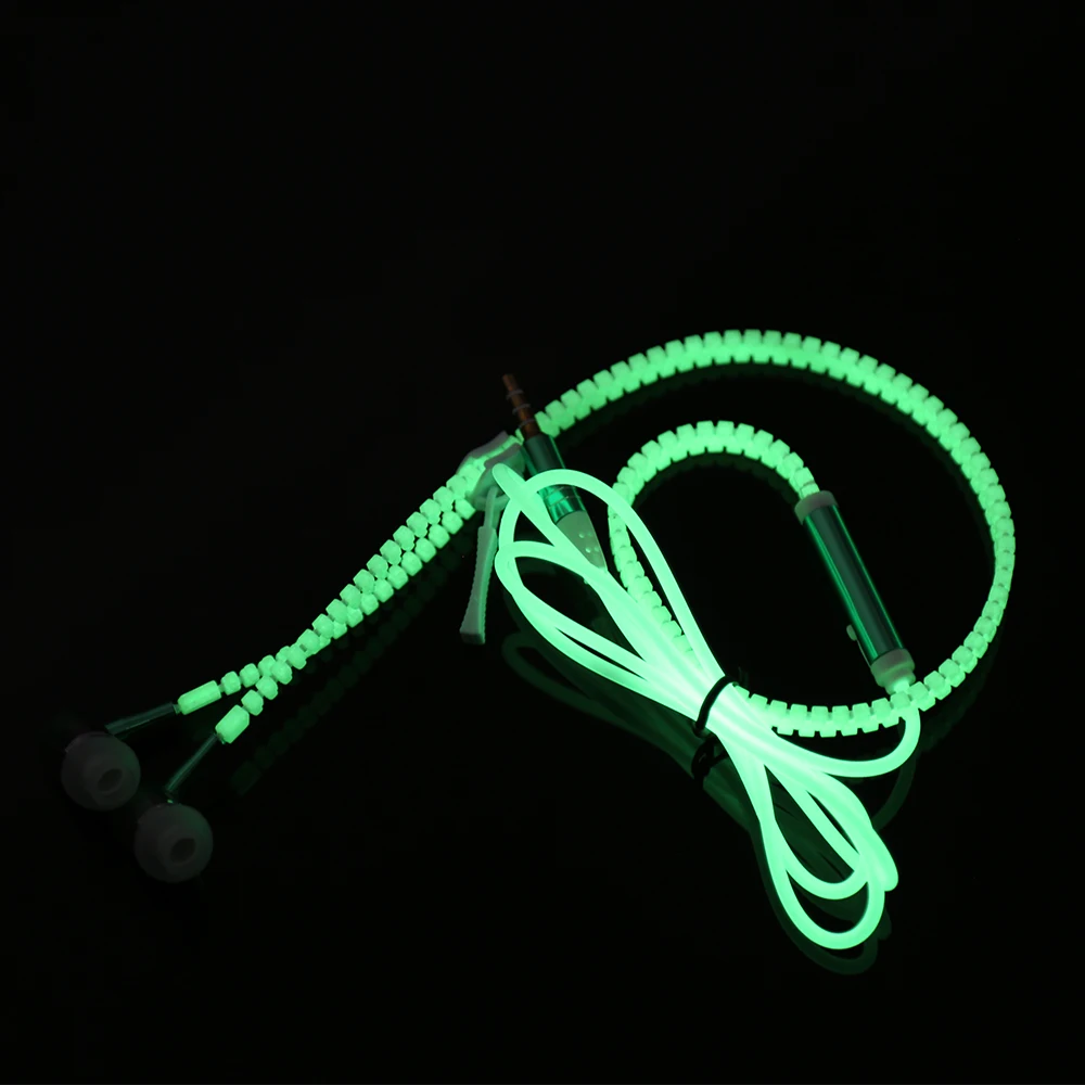

Newest Glow Earphone Luminous Light Metal Zipper Headphone Glow In The Dark For MP3 Iphone Samsung With Mic