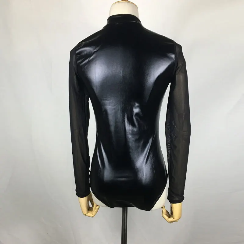 Sexy Zipper Latex Wetlook Mesh Catsuit Gothic Faux Leather Bodysuit Women PVC Pole Dance Nightclub Costume Oversized VKJU1084 Jumpsuits and Playsuits