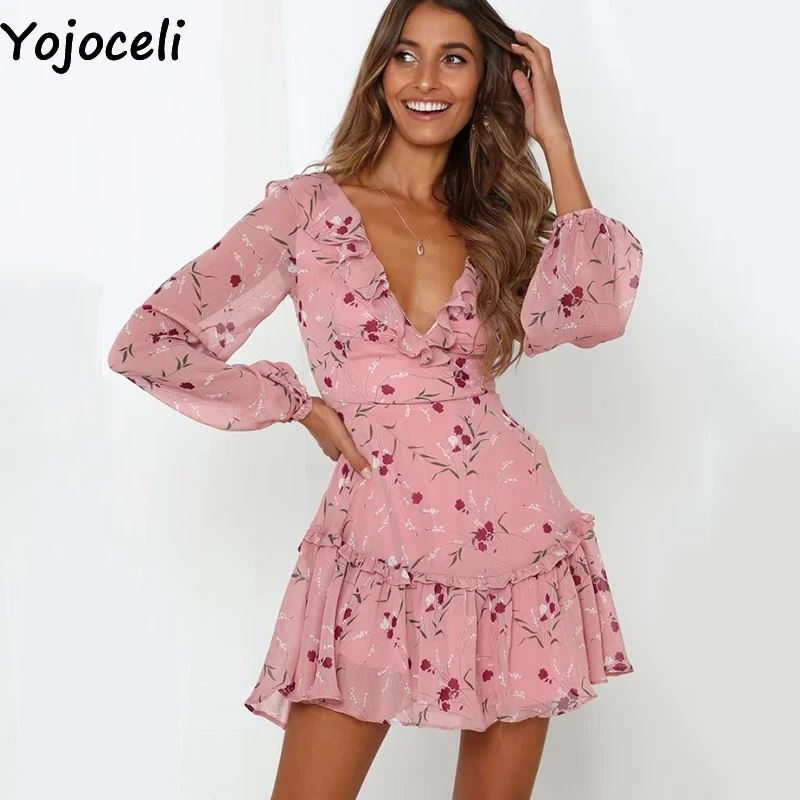 Yojoceli сексуальное короткое платье с рюшами и принтом женское осеннее шифоновое мини пляжное платье с цветочным рисунком Повседневные Вечерние платья для женщин vestidos