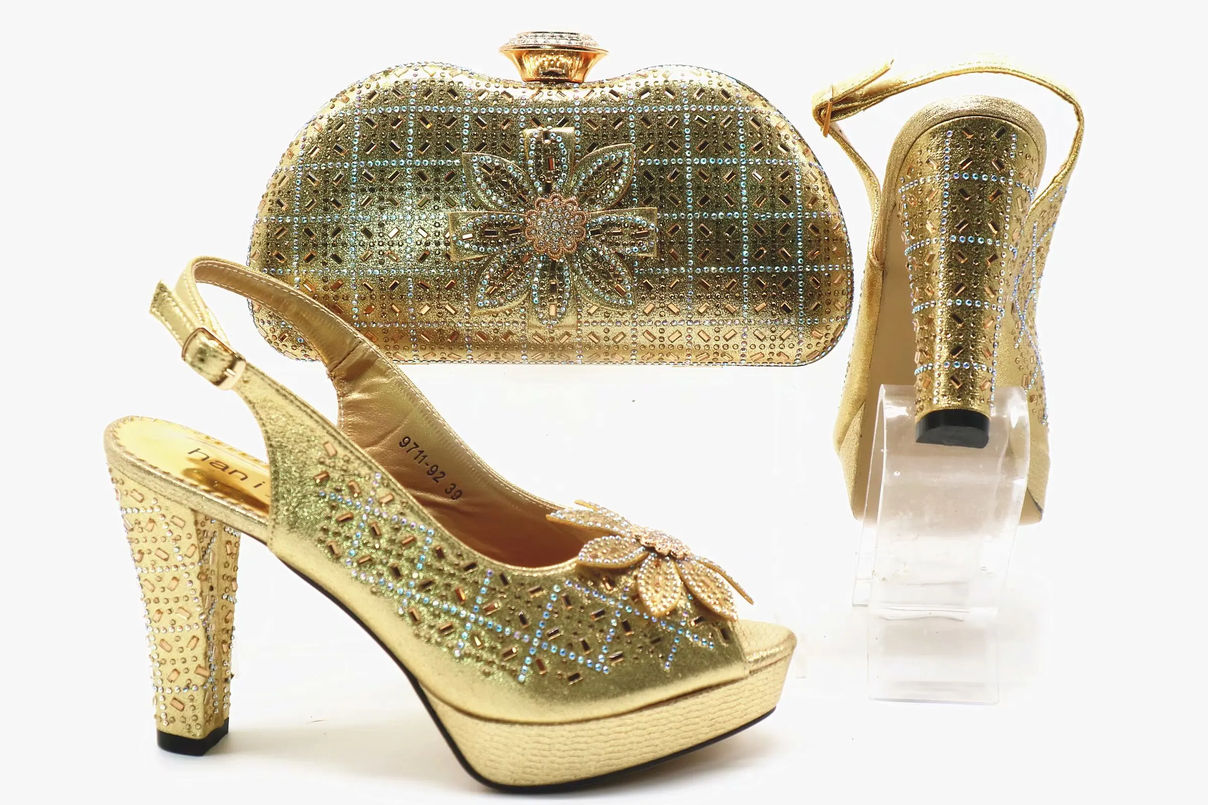 

2019 african aso ebi party shoes and bag set gold italian shoes and bag matching set with many stones size 38 to 43 SB8384-4