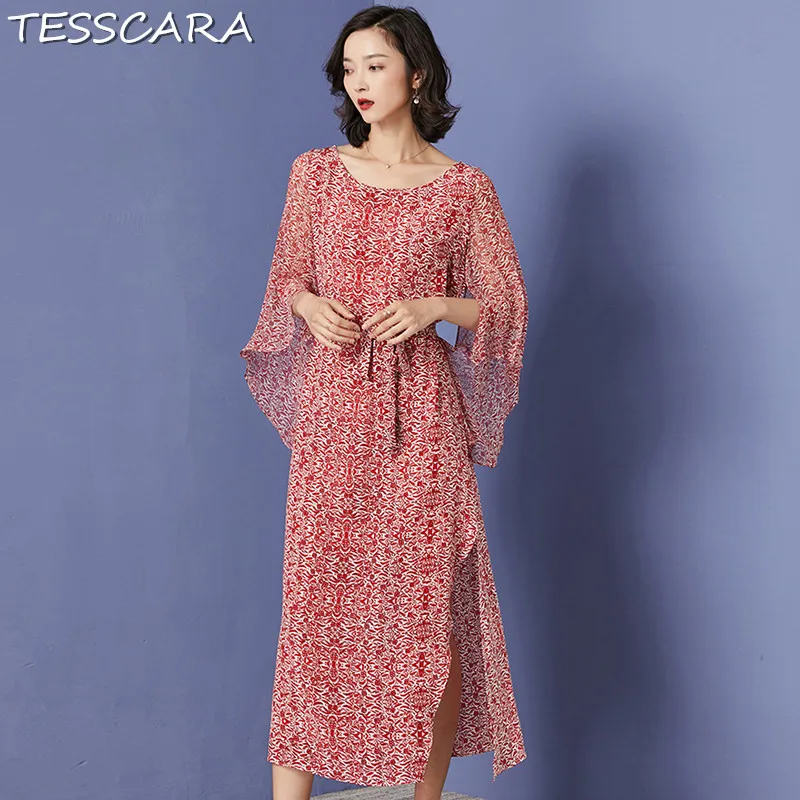 

TESSCARA Women Summer Long Elegant Chiffon Dress Festa Female Casual Office Robe Femme Vintage Designer Vestidos Retro Sundress