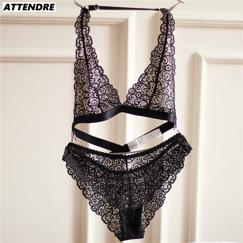 ATTENDRE Backless Bra Set Lace Transparent Floral Halter Neck strapless