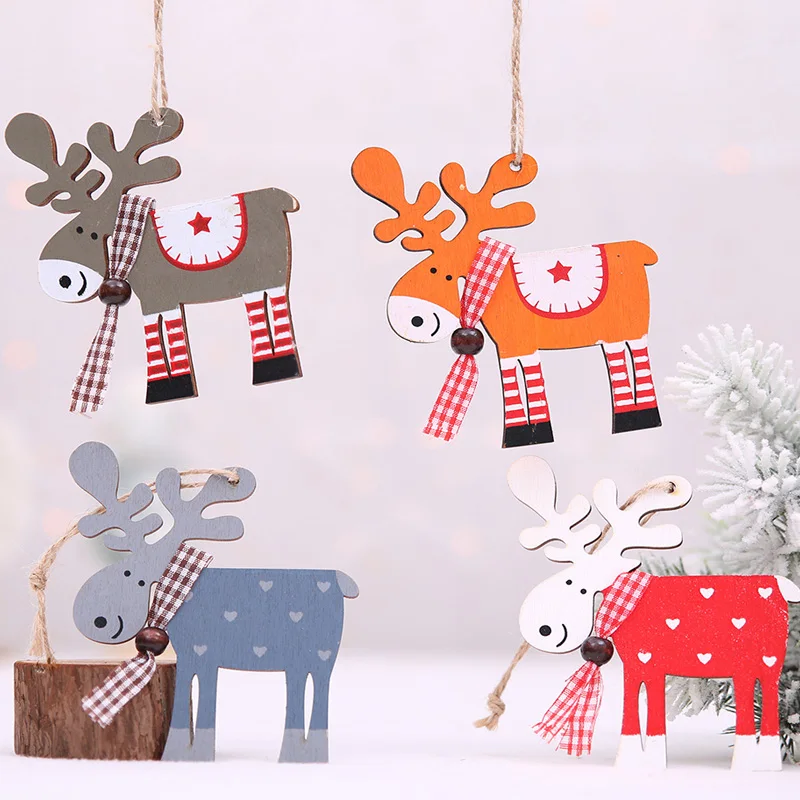 

3PCS Christmas Ornament Cartoon Deer Wooden Pendants for Christmas Tree Hanging Decorations 2018 Kids New Year Gift