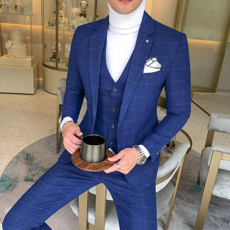 

3 Pieces Suits Jackets+Pants+Vest Wedding Dress Suits For Men Blue Plaid Formal wear Suits New Men Slim Groom Suits Size XS-5XL
