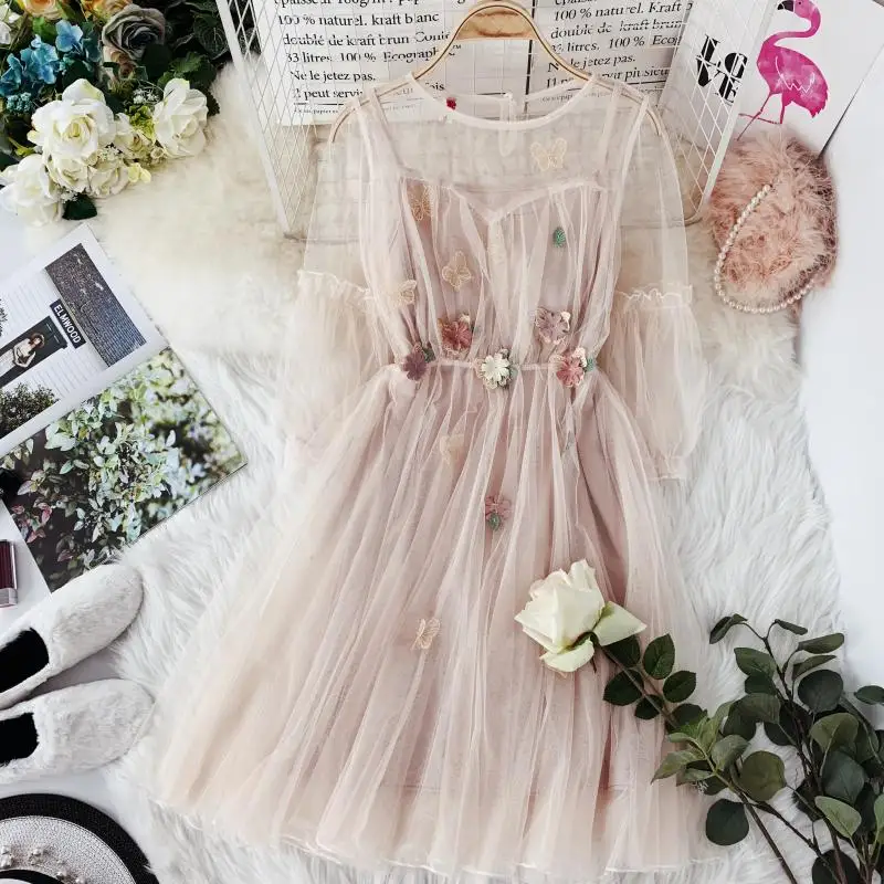 992.54руб. 14% СКИДКА|Новинка весны 2019, женское газовое платье трапециевидной формы с круглым воротником и рукавами фонариками, женское элегантное Сетчатое платье с цветочной аппликацией и круглым вырезом-in Платья from Женская одежда on AliExpress 