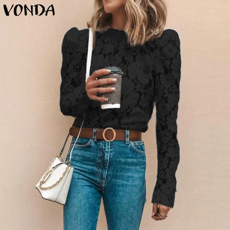  VONDA White Lace Blouse Women Shirt 2019 Spring Bohemian Sexy Long Sleeve O Neck Hollow Blouse OL S