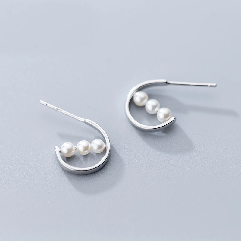 

MloveAcc Genuine Simple 925 Sterling Silver U Shape Earrings with Pearls for Women Jewelry Brincos