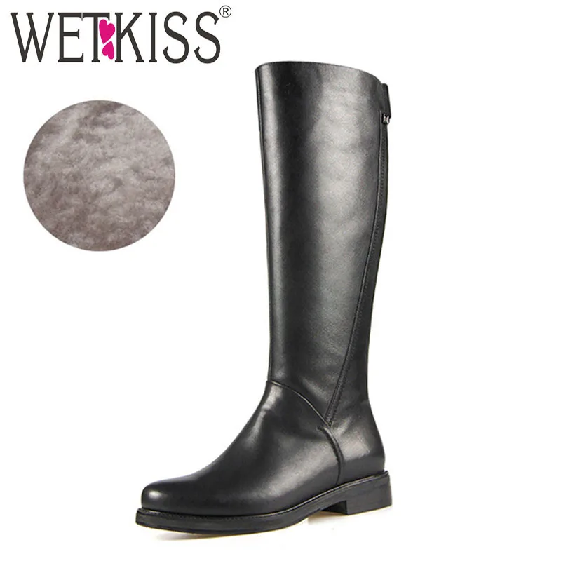 

WETKISS Knee High Women Boots Round Toe Wool Warm Footwear Cow Leather Female Riding Boot Thick Heels Shoes Woman 2018 Winter