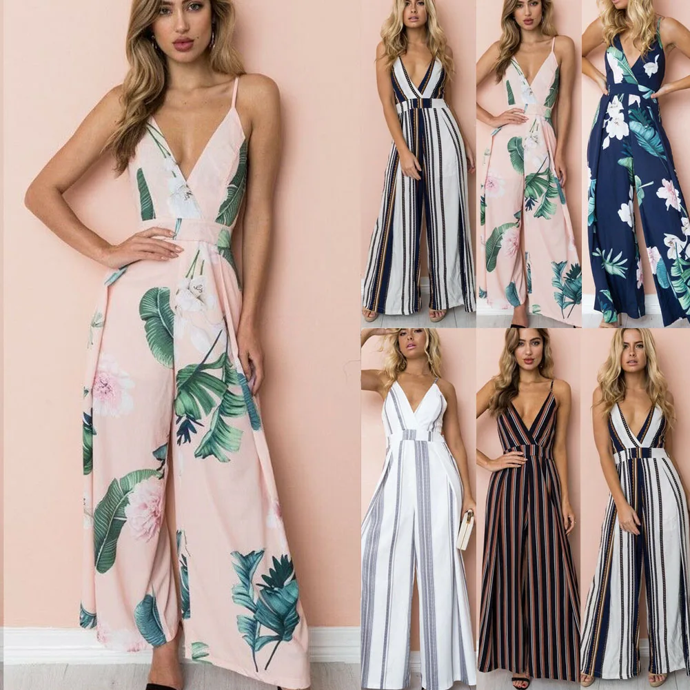 

Fashion Women Summer Jumpsuit Casual Sleeveless V- Neck Printed Club Long Backless Jumpsuit Bodysuit