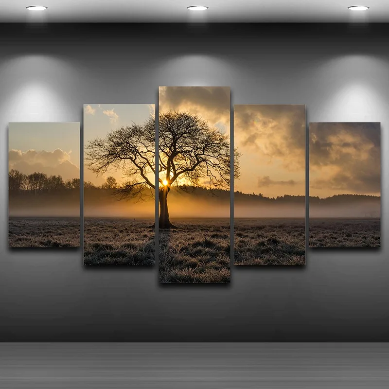 Canvas Painting Vintage Wall Art Frame Printed Pictures 5 Panel Poster Sunrise Tree Landscape Photo For Living Room Decor 