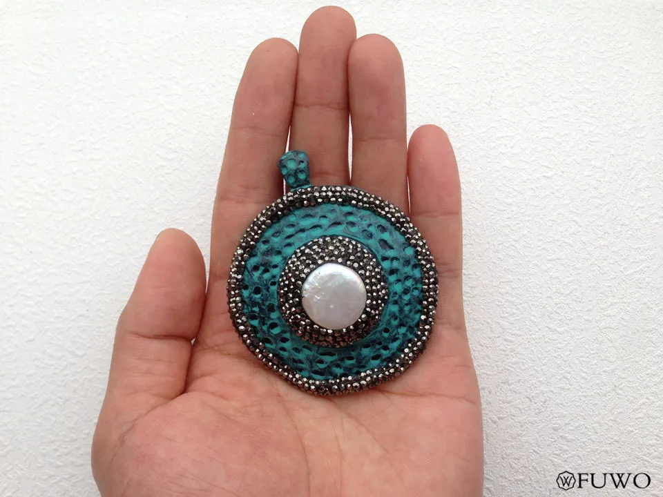 Blue Green Patina Bronze Pearl Pendant 11