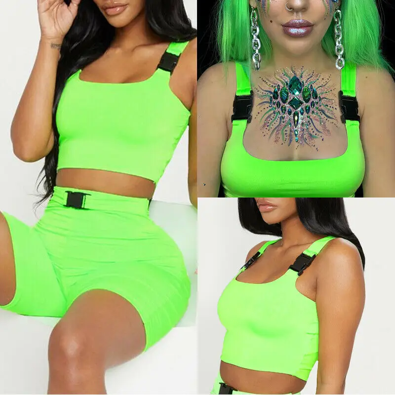 

Fluorescent green Hip Hop Punk Women Front Buckle Crop Top Vest Gym Sports Bra Stretch Bare Midriff Tops