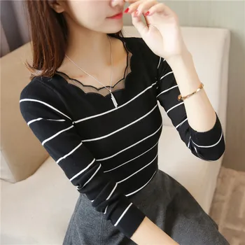 

29 autumn dress Cultivate morality round collar lace knit long-sleeve F2014 stripe women render unlined upper garment