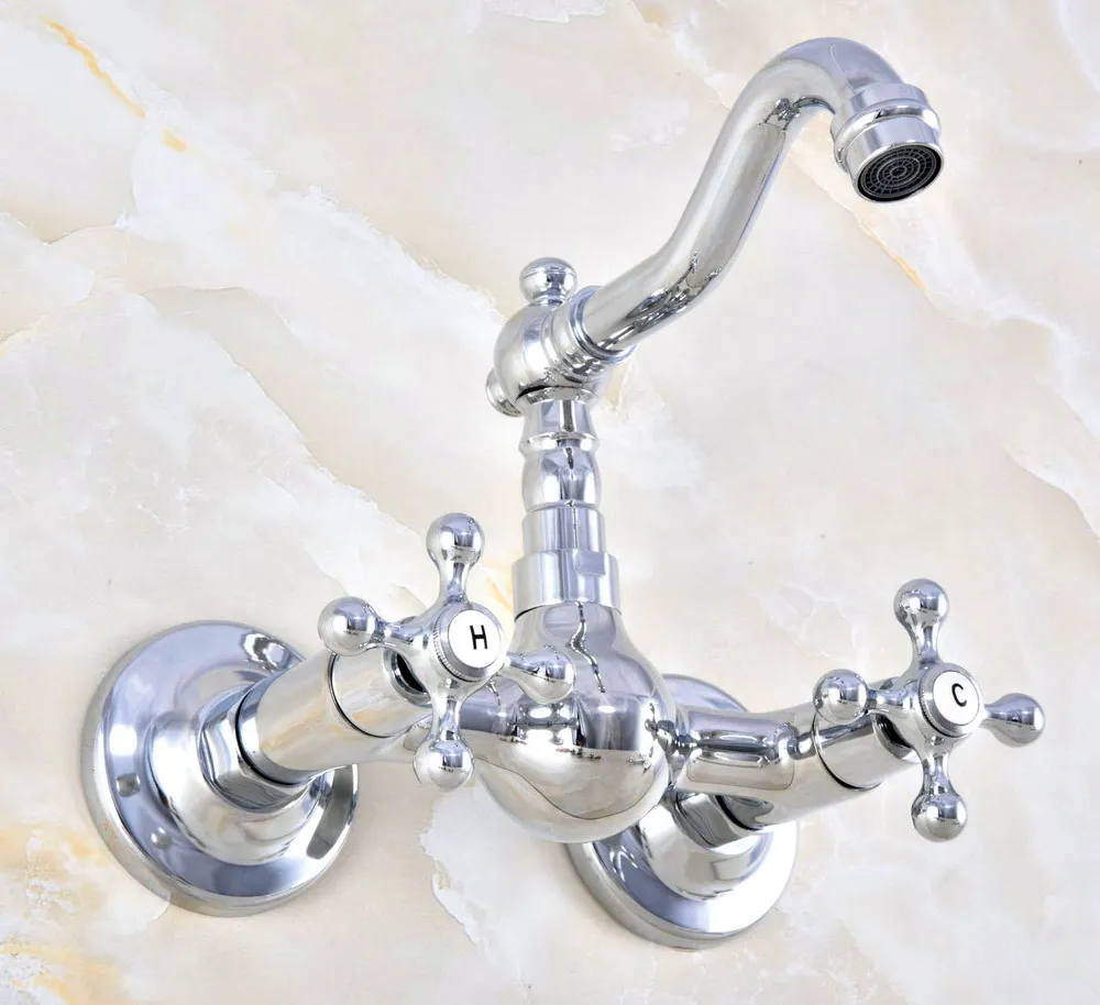Modern Polished Chrome Brass Wall Mounted Bathroom Basin Kitchen Sink Faucet Swivel Spout Mixer Tap Dual Cross Handles anf583