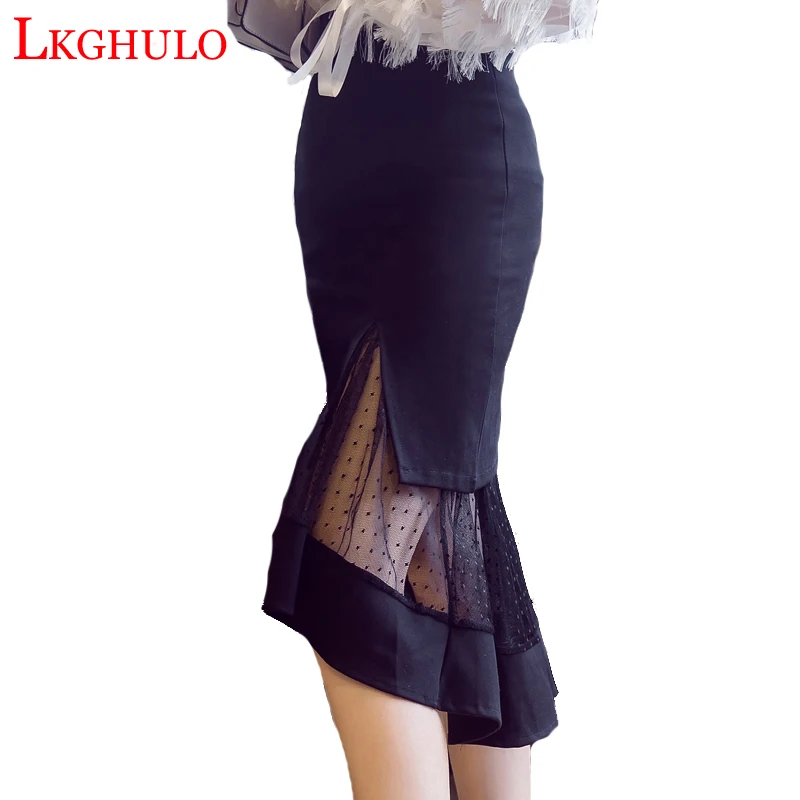 

LKGHULO 5XL Women Skirt Lace Ruffles Hollow Out High Waist Midi Skirt Hem Knee-Length Mermaid Skirt Package Hip Skirt A482
