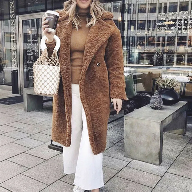 Ladies' Fleece Winter Coat New Sexy V-neck Soild Color Thick Wool Overcoat Female Fashionable Long Sleeves Warm Topcoat Hot Sale