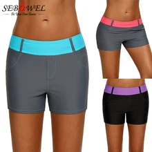 SEBOWEL/Полосатые Серые, синие, мятные спортивные шорты с поясом из искусственной джинсовой ткани с завышенной талией, бикини, купальный костюм, Femme Deux Piece