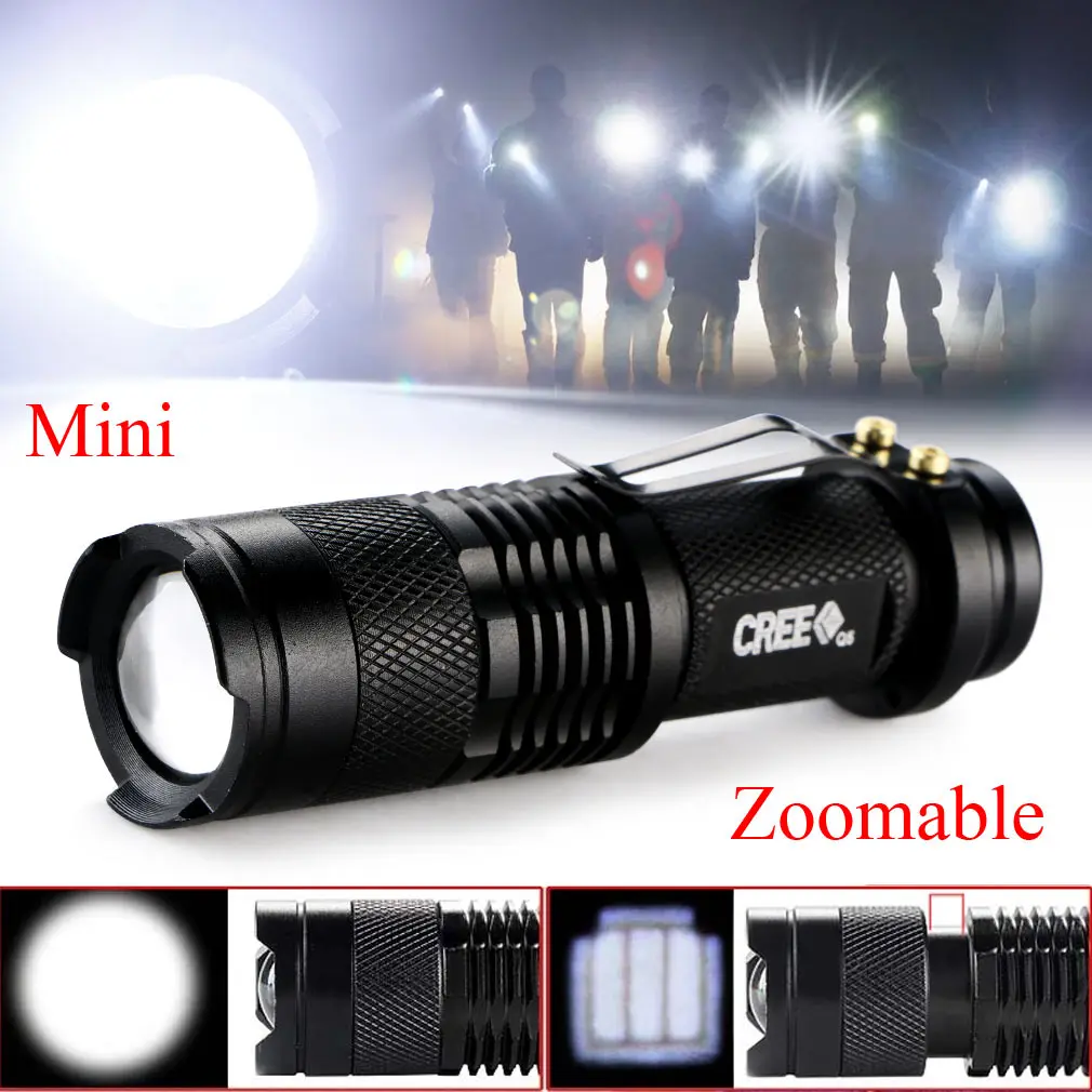 Mini 1200Lm Bright CREE Q5 LED Adjustable Zoom Focus Flashlight Torch Black