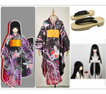 

Hell Girl Jigoku Shou Enma Ai Cosplay Costume Custom Girl Dress Japanese Traditional Glorious Black Kimino Wooden Clogs Wig