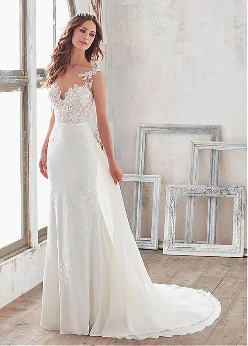 

LORIE Mermaid Wedding Dresses 2019 Soft Satin Appliques Beach Bride Dress With Chiffon Train Wedding Gown Hot Sale 2019