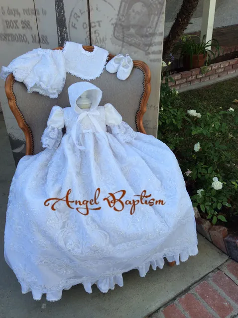 Cheap Elegant New Baby Infant Christening Gown Baptism Dress Gown Short Sleeves Lace Applique White/Ivory Free Shipping