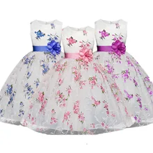 Свадебное платье с цветочным узором для девочек с аппликацией; платье для девочек с бантом, Нарядное платье без рукавов на день рождения девочки костюм