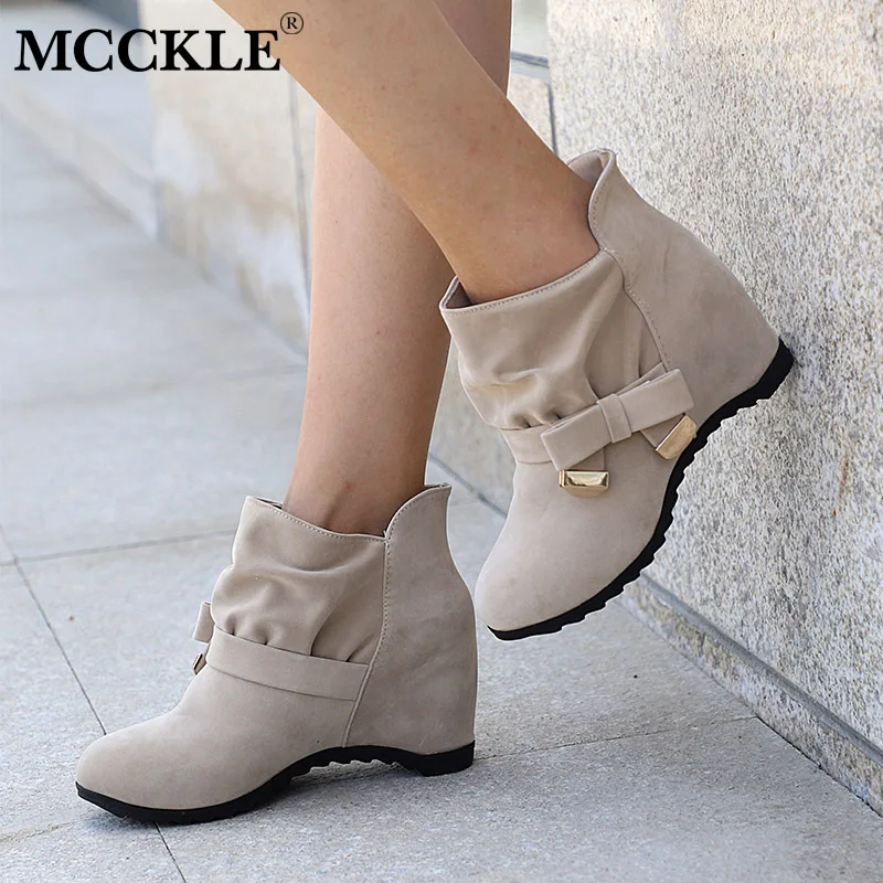 En Ligne MCCKLE Femmes Automne Cheville Bottes Femelle Plus La taille Hauteur Croissante Chaussures Papillon noeud Mi Haute Casual Chaussures Courtes Botas