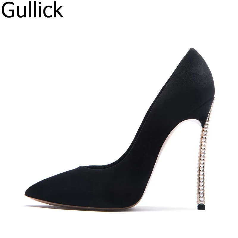 

Hot Selling Women Black Flock Leather Pointed Toe Pumps Summer Sexy Slip On Pearls Heel Shoes High Thin Heel Dress Shoes