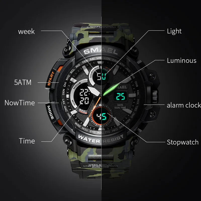 SMAEL Camouflage Military Watch Men Waterproof Dual Time Display Mens Sport Wristwatch Digital Anal