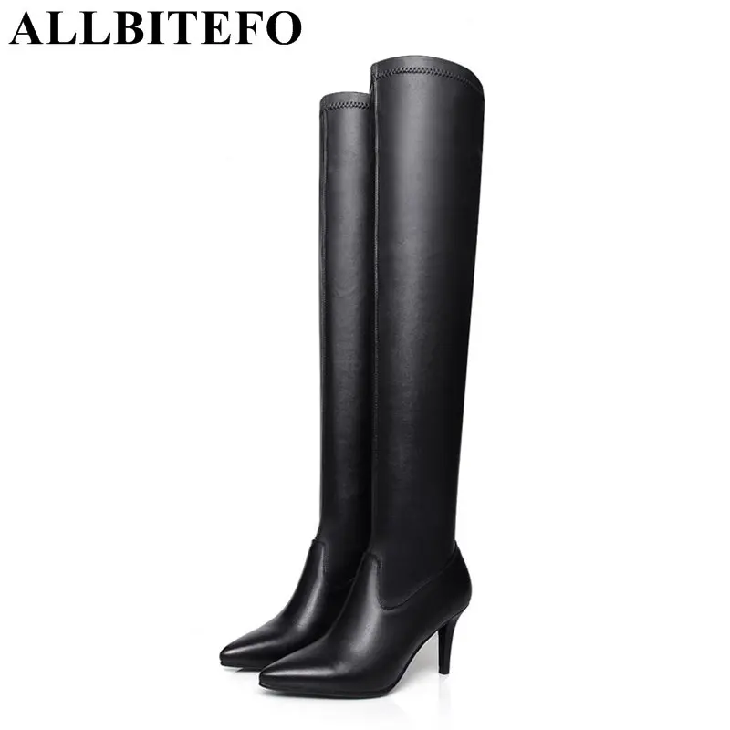 ALLBITEFO genuine leather+pu pointed toe thin heel women boots fashion sexy high heels over the knee boots winter boots woman fashion slim rivets thick heel pointed toe zip winter snow boots genuine leather stretch fabric over the knee boots women boots