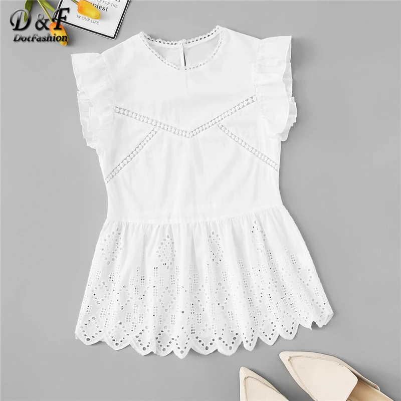 

Dotfashion White Ruffle Scallop Cut Out Peplum Blouse Women Summer 2019 Cute Korean Fashion Clothing Womens Tops And Blouses