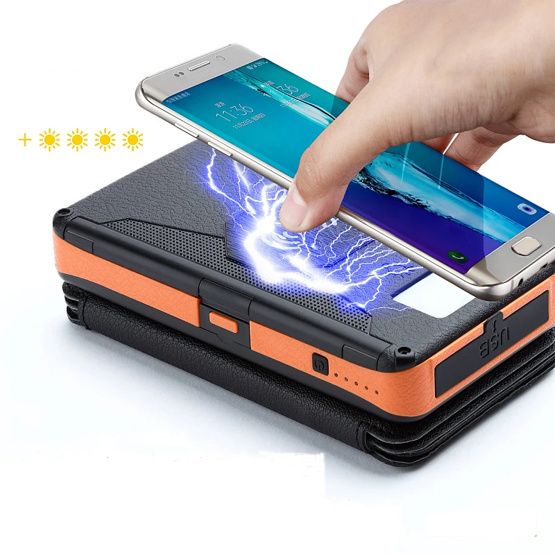 Outdoor Solar Power Bank 20000mAh Folding Waterproof Qi Wireless Solar Charger External Battery Pack with LED Light for Phones