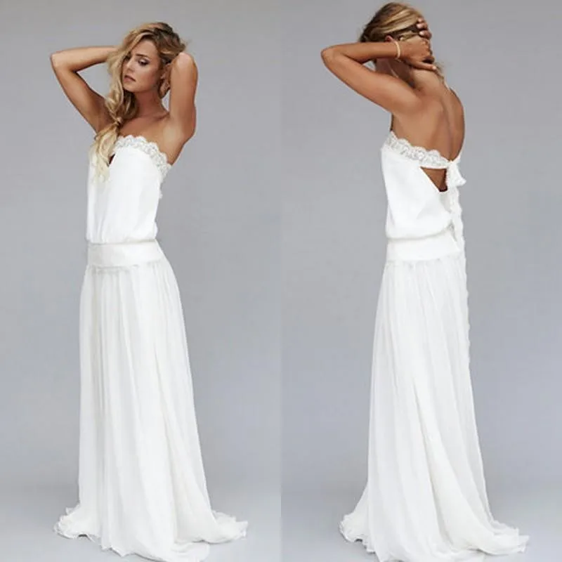 

2019 New Unique Beach Wedding Dresses Cheap Dropped Waist Bohemian Strapless Backless Boho Bridal Gown Lace Ribbon Wedding Dress