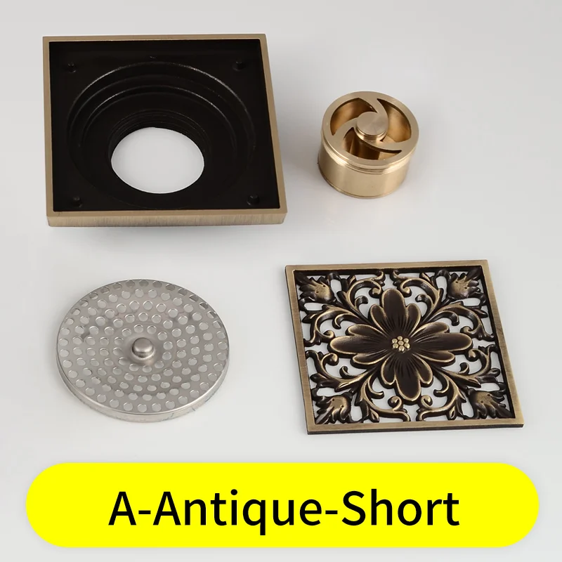 A-Antique-Short Сливная крышка для ванной комнаты квадратная Античная латунная Туалетная решетка для душа Фильтр против запаха Европейская Плитка вставка пол отходы решетки - Цвет: A-Antique-Short