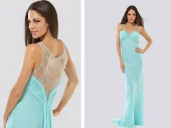 Vestido де феста лонго халат-де-вечере 2015 новая мода пром платье бисероплетение сексуальная спинки голубой шифон длинные Формальное Вечернее