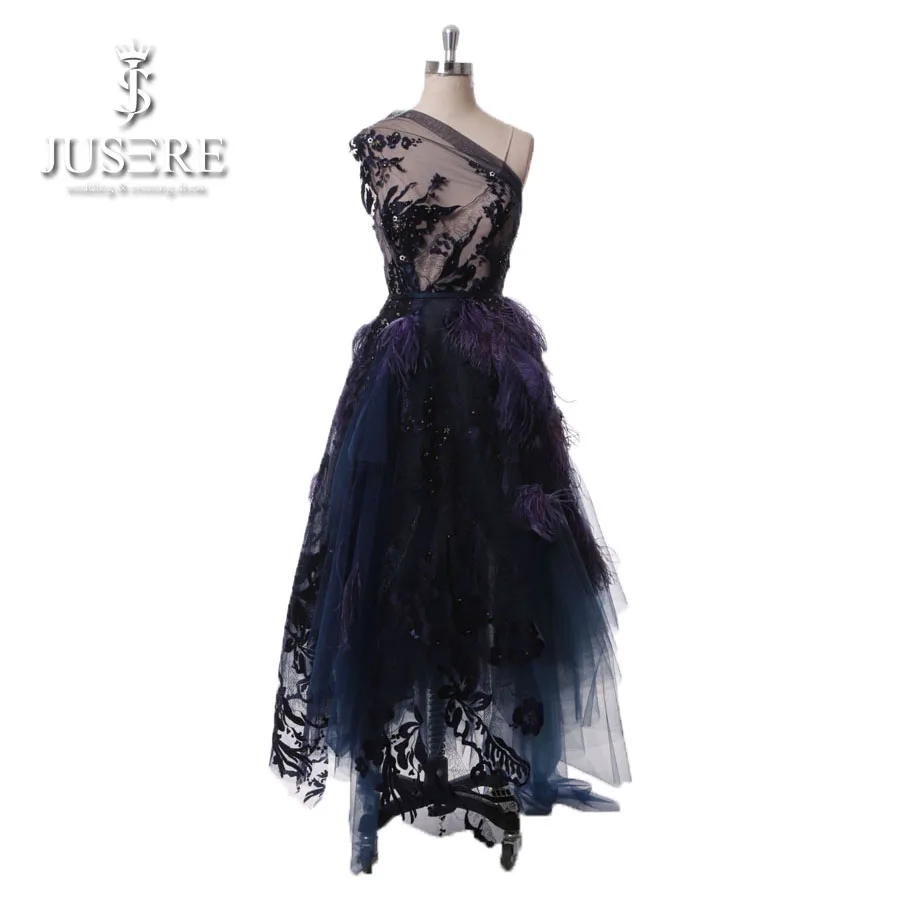 

Jusere Orginal Design Illusion Bodice Embroidery Lace Sequins Backless One Shoulder Deep Purple Feather Short Evening Dress 2018