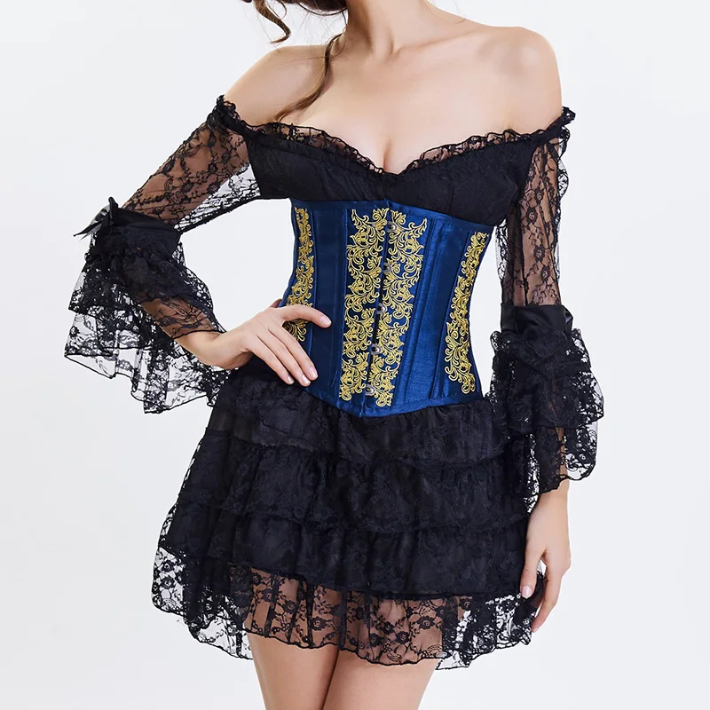 Blue / Black Floral Lace Embroidery Underbust Corsets And Bustiers Sexy