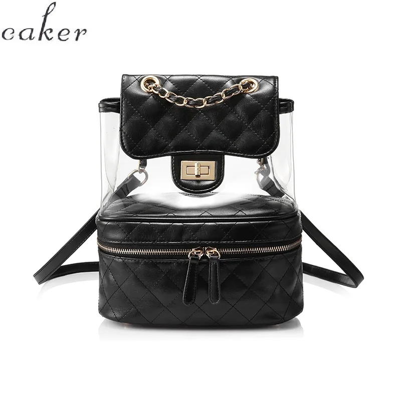 

School Backpack Women Transparent Bag Female Backpack Student Bags Ladies Tote bags Pvc Shinning Pu Leather Chain Bags 2019