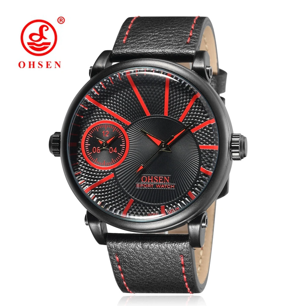 

OHSEN Famous Male Business Clock Quartz Watch Man Mens Wristwatch Military Leather Strap Relogio Masculino Red Waterproof Watch
