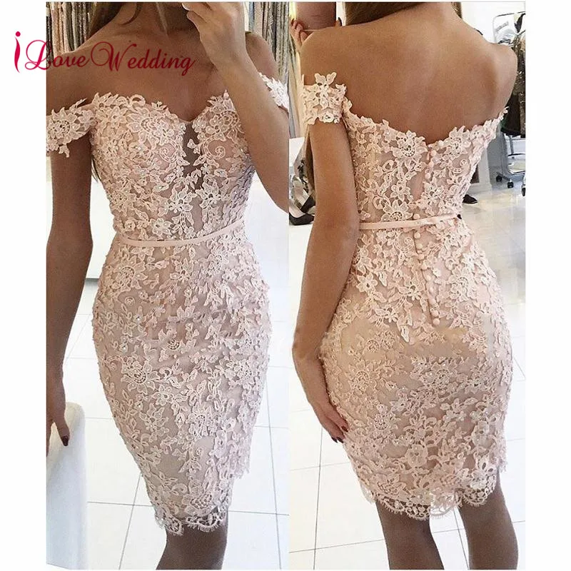 

Hot New 2019 Sweetheart Off the Shoulder Lace Applique Beaded Pink Lace Fashion Party Cocktail Dresses