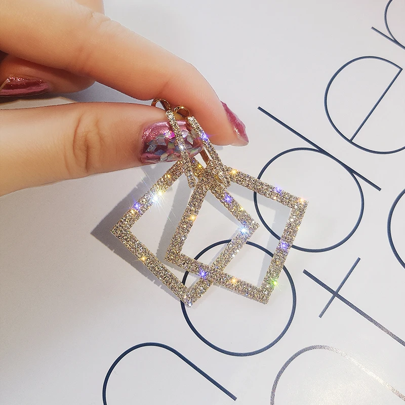 

Classic Crystal Geometric Women Dangle Earrings Square Rectangular Style Korean Personality Ear Studs Statement Jewelry