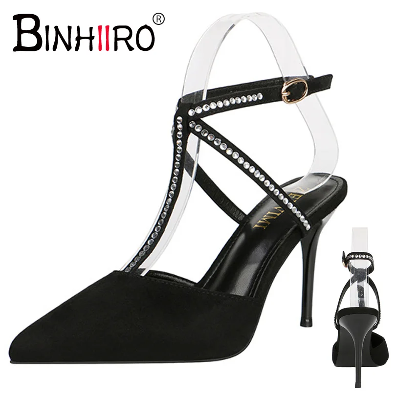 

Summer Women's Sandals Flock Sexy Hasp Rivet Heels Pumps Stiletto Heel 9cm Pointed Toe Hollow Black Shoes Woman Rivet Shoes CJW