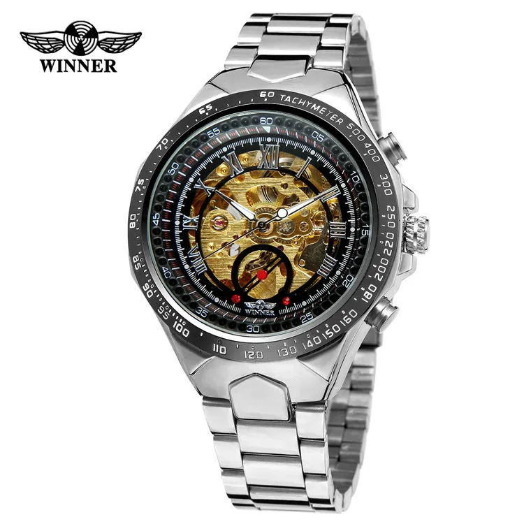 silver gold black WINNER мужские золотые часы, автоматические механические часы, мужские наручные часы со скелетом, ремешок из нержавеющей стали, люксовый бренд, спортивный дизайн - Цвет: silver gold black