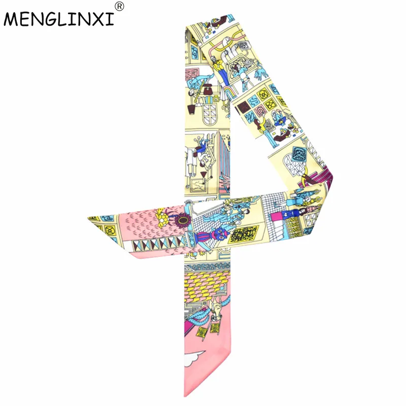 2023 New Scarf Paris Family Print Women Silk Scarf Fashion Head Scarf Brand Small Tie Handle Bag Ribbons Small Long Scarves MR