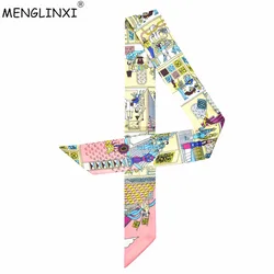 2023 New Scarf Paris Family Print Women Silk Scarf Fashion Head Scarf Brand Small Tie Handle Bag Ribbons Small Long Scarves MR