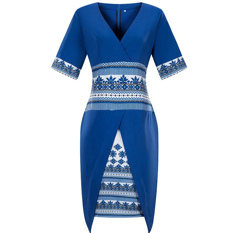 Women Summer Dress Sexy V Neck Plus Size Ladies Office Work Short Sleeve Pencil Ethnic Print Retro Big Vestidos | Женская одежда
